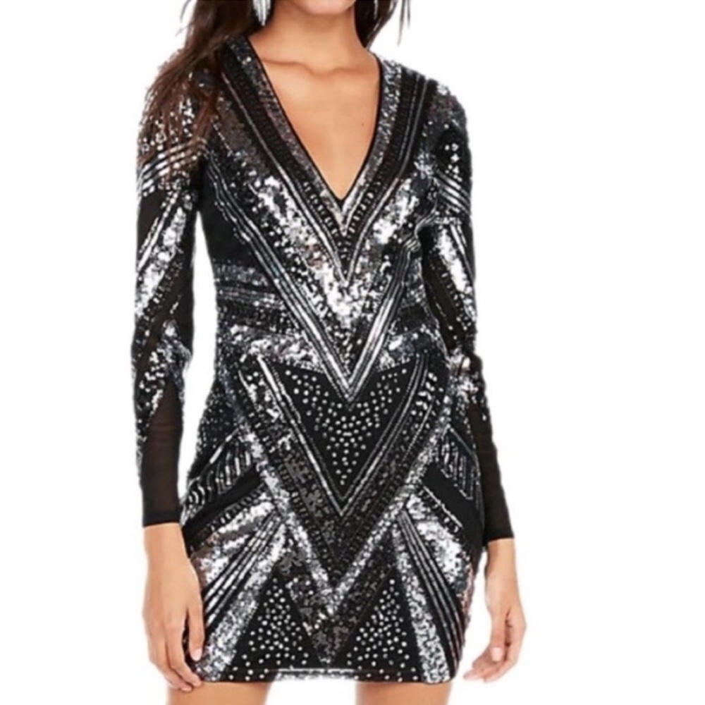 Express Sequined Geometric Print Long Sleeve Dress - image 4